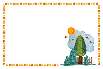 Trees, grass, fence, sun, cloud, frame of flags, birds on a white background. Template for text. Watercolor illustration hand drawn in children's style. Horizontal rectangular frame. Plant, flora. Art