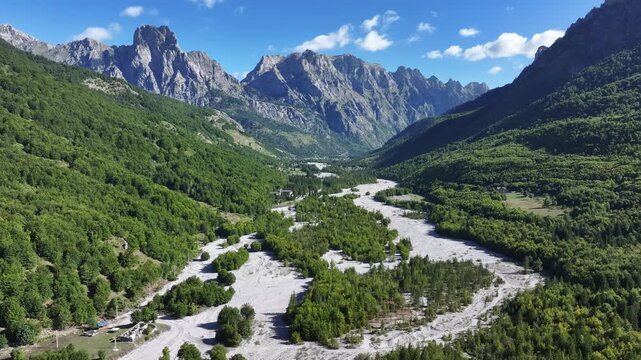 Aerial view of the Albanian Alps and Valbon&euml; Valley in northern Albania