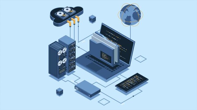Isometric cloud authentication system with laptop animation. Cloud technology computing concept. Cloud database. Internet data services. 4K video animated in isometric style