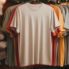 Hanging basic natural tshirt mockup. Plain unisex crewneck shirt. Colorful row of casual short sleeve tees on hanger, beige T-shirt in front. Gender neutral normal shirt mock. Blank shirt template