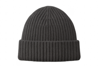 Dark gray ribbed knit beanie on transparent background