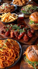  buffalo wings, burgers, fries, spaghetti, udon noodles and more, the food is glistening and hot and delicious