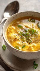 Keto Egg Drop Soup served in a rustic off-white ceramic bowl, with silky, swirling egg ribbons floating in a clear broth, topped with chopped green onions and a sprinkle of black pepper