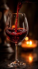 Luxury wine poured into a wine glass, dark red Cabernet Sauvignon, cinematic close-up, golden candlelight reflection, elegant and sophisticated