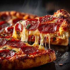 a classic italian pepperoni and basil pizza. One slice is elevated, showcasing a heavy, gooey layer of melted cheese dripping in thick, elastic strands
