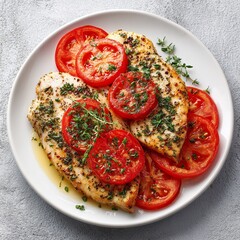 Turkey meat cutlets with fresh tomato, two tender turkey fillets topped with thinly sliced roasted tomato, lightly seasoned with herbs, arranged side by side on a white ceramic plate