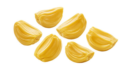 Delicious fresh ripe jackfruit segments floating against a dark background