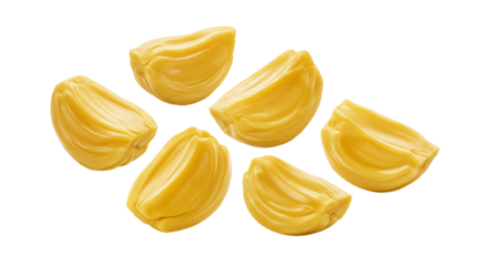 Delicious fresh ripe jackfruit segments floating against a dark background