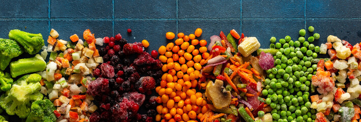 Eye-catching banner with frozen fruits and vegetables, emphasizing the vibrant, seasonal process of...
