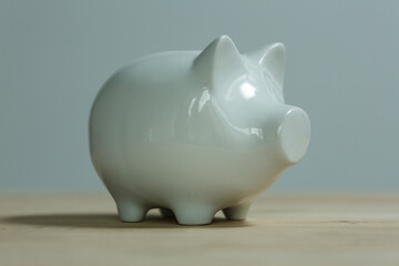 A close-up shot of a white ceramic piggy bank resting on a wooden surface. Concept of saving money, financial goals, and investment. Perfect for