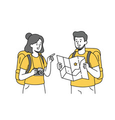 Couple with backpacks looking at a map and holding a camera