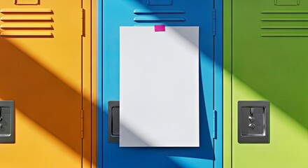 Vibrant flyer mockup taped to a retro locker in bright directional light urban vibe