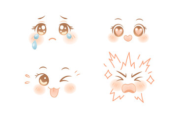 Kawaii anime emotion set with crying, love, rage and playful face