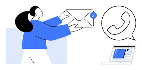 Woman holding an envelope, notification badge, chat bubble with phone icon, and laptop with application interface. Ideal for contact, messaging, communication, work, multitasking networking