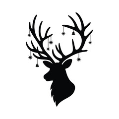 Elegant black silhouette of a deer head with festive hanging ornaments scalable vector illustration for eps vector illustration white background