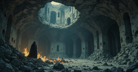 Hooded Sorcerer Exploring Forgotten Underground Ruins