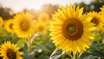 Obraz premium Sunflowers blooming in a field during sunset with warm light 