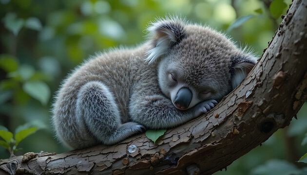  Koala bear baby sleeping on a  tree branch. greenery  dense rain forest. 