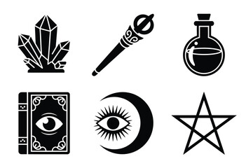 Mystical magic symbols vector illustrations set magical crystals staff potion book moon star icons scalable eps vector illustration white background