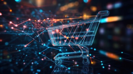 Digital shopping cart with network connections. Abstract, futuristic, and technological representation of online retail.
