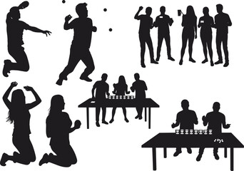 Party and Celebration Silhouettes with Dancing, Juggling, Beer Pong, Social Interaction, Group Fun Vector Illustration of Festive Gathering Activities