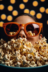 A woman person wearing bright orange sunglasses looking out from behind a large pile of fresh popcorn against a dark background