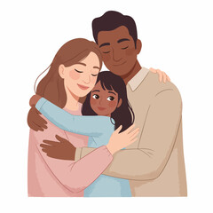 Flat Style Diverse Family Portrait of Happy Mother Father and Daughter