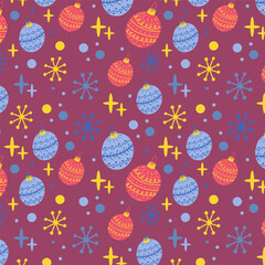 Seamless vector pattern featuring cute Christmas snowflakes, stars, and ornaments in pastel tones. Flat, childlike style perfect for festive textiles, gift wrapping, and cozy holiday designs.