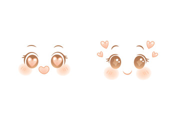 Anime love faces with heart eyes and kawaii expressions