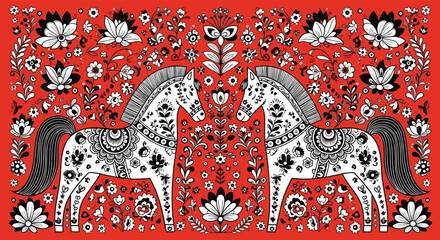 Intricate folk art pattern featuring two stylized horses surrounded by floral motifs on a red background.