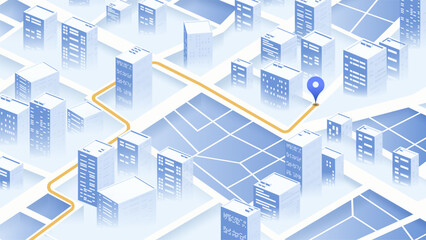 3D city map navigation with route and location pin in modern isometric style. Concept of GPS tracking and urban navigation technology. Vector illustration.
