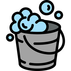 A gray bucket filled with blue soap suds and bubbles on a transparent background simple illustration © hemiarhamniirga