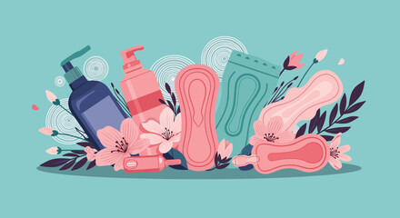 Hygiene products and feminine care items presented with floral decorations.