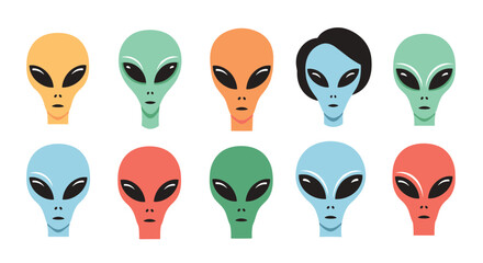 A collection of colorful alien faces with large black eyes arranged in two rows.