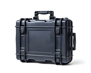Sleek black protective hard case with secure latches and sturdy handle, durable design, isolated on white background.
