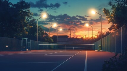 Empty tennis court at sunset, tranquil evening scene, illuminated by warm lights, surrounded by trees and residential buildings.