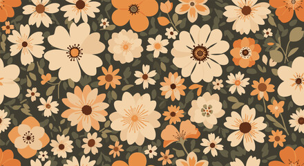 A charming vintage floral pattern with a warm color palette featuring many daisies and other small flowers on a dark background.