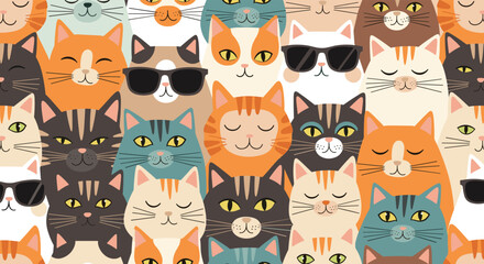 A whimsical collection of diverse cats sporting sunglasses in a vibrant pattern.