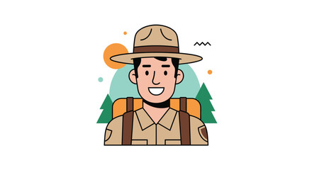 Friendly park ranger with a backpack ready for adventure in a scenic natural environment.