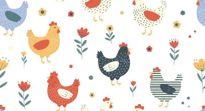 A charming pattern of illustrated chickens and wildflowers in a repeating design.