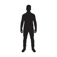 Fototapeta premium Full body black silhouette of a man standing still and facing forward, isolated on a white background.