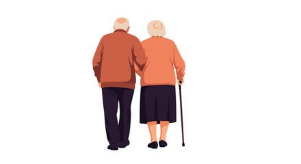 A loving elderly couple walks arm in arm together in a slow and steady pace.