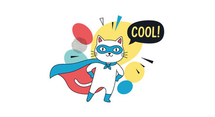 A white cat dressed as a superhero with a blue cape and mask
