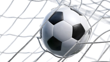 Soccer ball nestled in the goal net, detailed texture and realistic scene, isolated on white background.