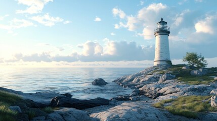 Lighthouse stands tall on a rocky coast at sunrise. Calm ocean water laps at the shore.
