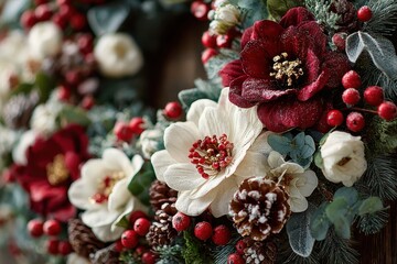 Fototapeta premium Close-up of beautiful Christmas floral arrangement featuring red and white flowers, pinecones, and red berries