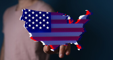 Modern digital art depicting the USA map with an American flag design. Perfect for patriotism,...