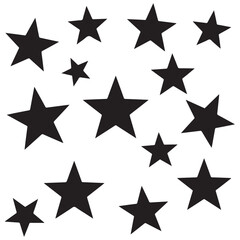 Fototapeta premium A collection of black five-pointed stars of different sizes scattered randomly on a plain white background.