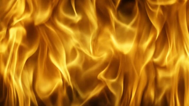 Close-up of vibrant orange and yellow flames. Intense fiery background texture, heat, energy, warmth, and danger.