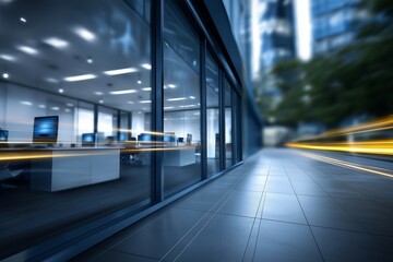 Fototapeta premium Long exposure shot of a modern open plan office at night, showcasing illuminated workstations and sleek design elements, creating a vibrant and dynamic atmosphere